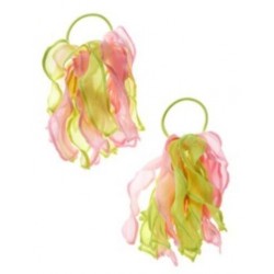 BUTTERFLY BLOSSOMS PINK & GREEN ORGANZA PONYTAIL HOLDER 2-ct NWT