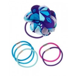 GYMGO TEAL & BLUE FLOWER +5  SOLID COLOR PONYTAIL HOLDER 6-ct NWT